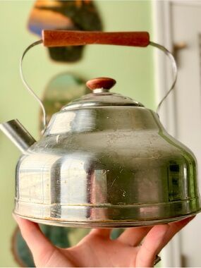 Vintage Metal Stainless Steel Teapot Kettle with Wooden Handle Accents